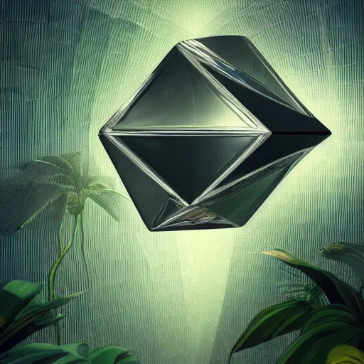 Image similar to peter tarka, minimalistic, hyperrealistic surrealism, award winning masterpiece with incredible details, epic stunning, a highly reflective chrome octahedron in a tropical greenhouse, highly detailed, trending on ArtStation, artgerm and greg rutkowski and alphonse mucha, daily deviation, IAMAG