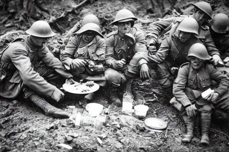 Image similar to old monochromatic photograph of spiderman sharing lunch with soldiers in a WW1 trench