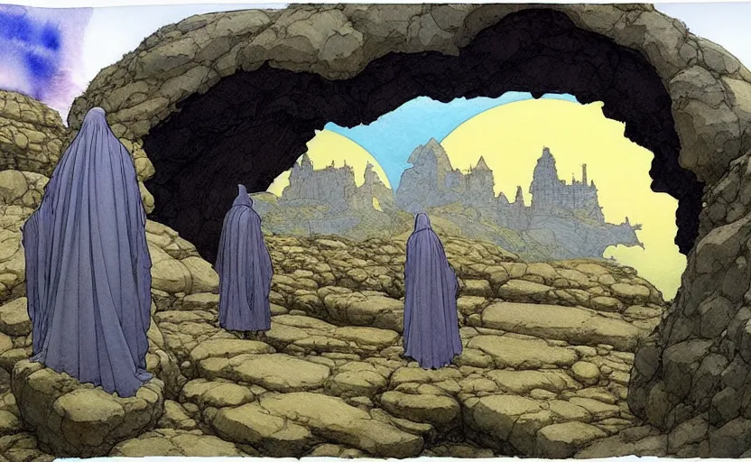 Prompt: a hyperrealist watercolour concept art of a dimensional time portal in the shape of a large rock arch. a medieval monk in grey robes is in the foreground. by rebecca guay, michael kaluta, charles vess and jean moebius giraud. high detail, hq, wide shot