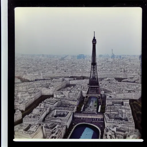 Image similar to extensive smoke rising from the top of the eiffel tower, aerial view, several police cars and crowds running across the ground, polaroid, 6 0's, hyperrealism, no blur, 4 k resolution, ultra detailed