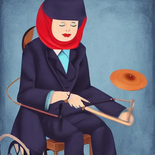 Image similar to a babushka playing drums in a nice suit, digital art