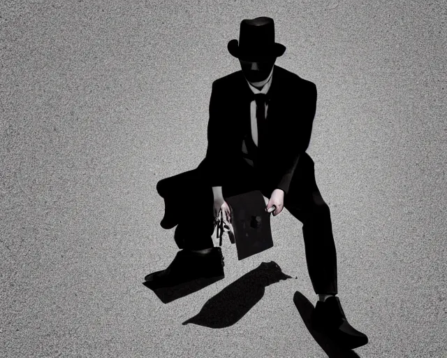 Image similar to mysterious man in black suit and black fedora hat and black shoes, he has a pistol!!, mysterious, 4 k, highly detailed, digital art, strong shadows, high contrast, epic scene, atmospheric, blue colours, award winning photo