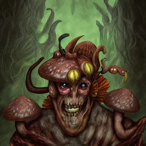 Prompt: digital art of a fantasy monster portrait with mushrooms coming out of the skin, and rotting away, dynamic lighting