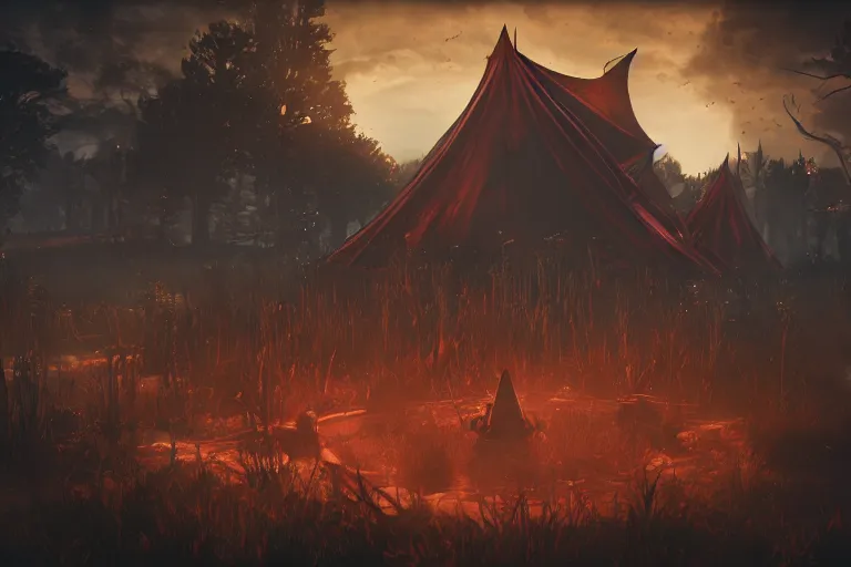 Image similar to render of a dark fantasy gothic circus tent, artstaton, League of Legends, red dead redemption2, overwatch, digital illustration