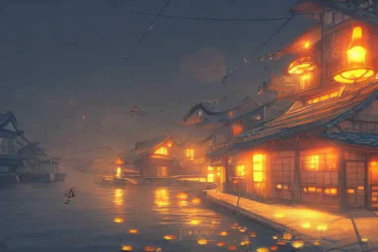 Prompt: fantasy art of glowing goldfish floating around houses in a japanese town at night, by makoto shinkai, close up, low angle, wide angle, highly detailed digital art, trending on artstation