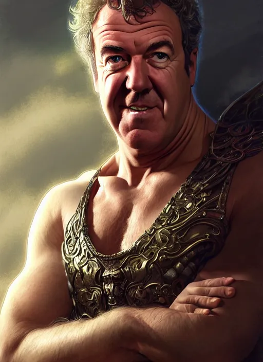 Image similar to portrait of jeremy clarkson, d & d, muscular, fantasy, intricate, elegant, highly detailed, digital painting, artstation, concept art, smooth, sharp focus, illustration, art by artgerm and greg rutkowski and alphonse mucha