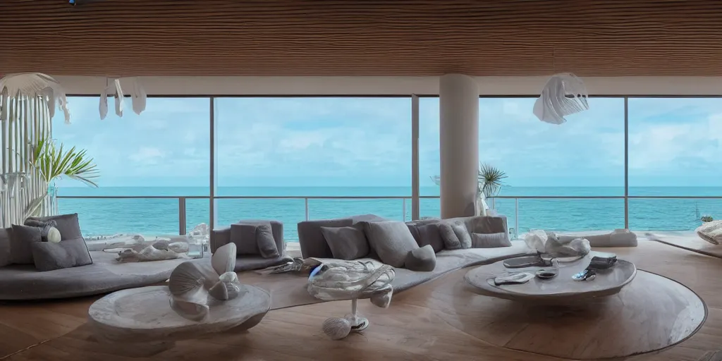 Prompt: a modern hi tech living room in a ocean hues style next to a big terrace overlooking the ocean, a luxurious wooden coffee table with large seashells on top in the center, inspired by the ocean, calm, relaxed style, harmony, wide angle shot, 8 k resolution, ultra detailed