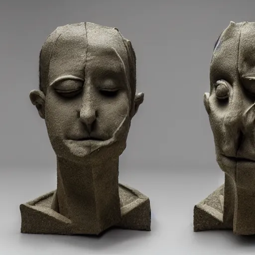 Image similar to surrealism sculpture by enrico ferrarini, multiple faces of the double shadow, meaning ferocious and split.