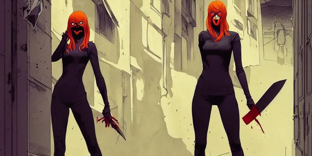 Image similar to style of Jaime McKelvie and Joshua Middleton comic book art, cinematic lighting, realistic, bunny mask female villain holding a bloody kitchen knife, standing in an alleyway, full body sarcastic pose, symmetrical, realistic body, knee high socks, rioters, people fighting, The Purge, night, horror, dark color palette