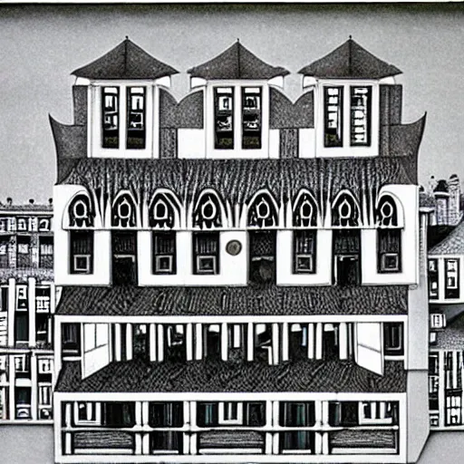 Image similar to impossible penrose house by M.C. Escher, painting with intricate details, black and white