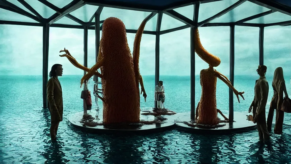 Prompt: the tall strange creature helps customers in the restaurant, made of water, film still from the movie directed by Denis Villeneuve with art direction by Salvador Dalí, wide lens