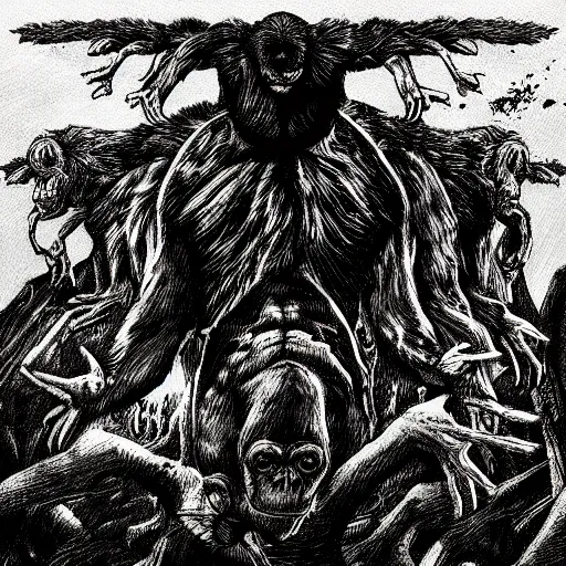 Prompt: chimpanzee descending from heaven, in the style of deathspell omega's fas album cover, illustration, detailed