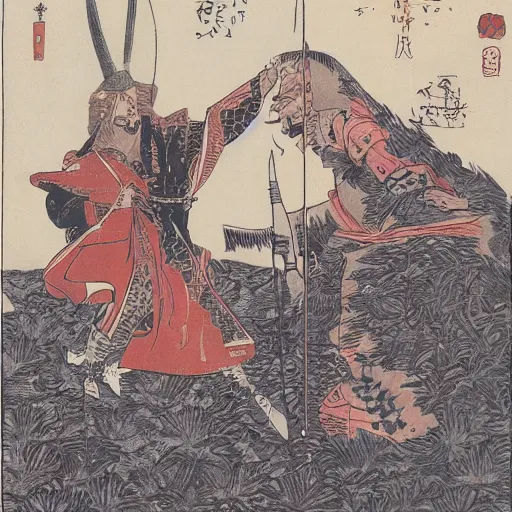 Prompt: Obi-wan Kenobi Duels Anakin Skywalker on the Planet Mustafar Ukiyo-e Highly Detailed Edo