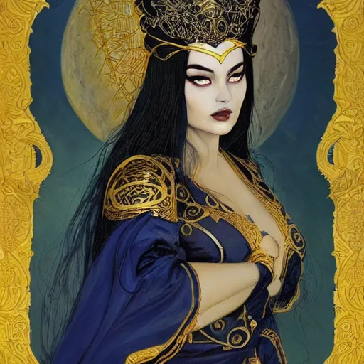 Prompt: painting of junoesque plus size priestess of the moon, golden filigree armor and tiara, moon above head, dark blue straight hair, smooth translucent skin, wide striking eyes, beautiful! coherent! by brom, by brian froud, strong line, high contrast, muted color, 4 k, trending on artstation