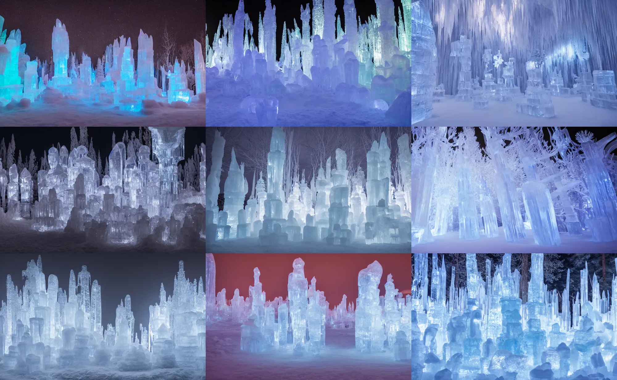Prompt: cinematic still of a massive ice sculpture forest at night with ice sculpture flowers and nature, light fog, cold ambient light, beautiful, 4 k, masterpiece,