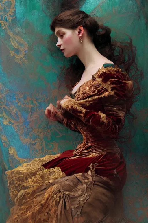 Prompt: an intricate artistic pose painting of a beautiful young victorian lady with an artistic pose wearing a beautiful velvet dress, hyper detailed, octane render, vivid colors, artstation, by jeremy mann, alphonse mucha, by boris vallejo