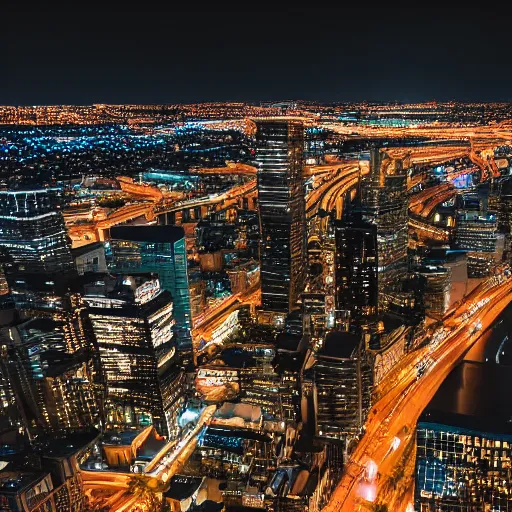 Image similar to nighttime cityscape photo shot from helicopter ultradetailed 8 k