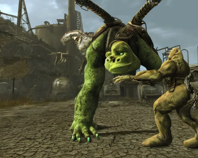 Image similar to screenshot from fallout 3 of shrek fighting a deathclaw, ray tracing, photorealistic graphics, nuka cola factory, swamp vs radiation,