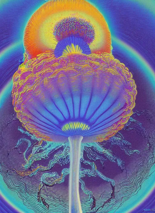 Prompt: 8 0 s new age album cover depicting a nuclear mushroom cloud in the shape of guy fieri, very peaceful mood, oil on canvas by ernst haeckel, by wayne thiebaud, cinestill with red halation