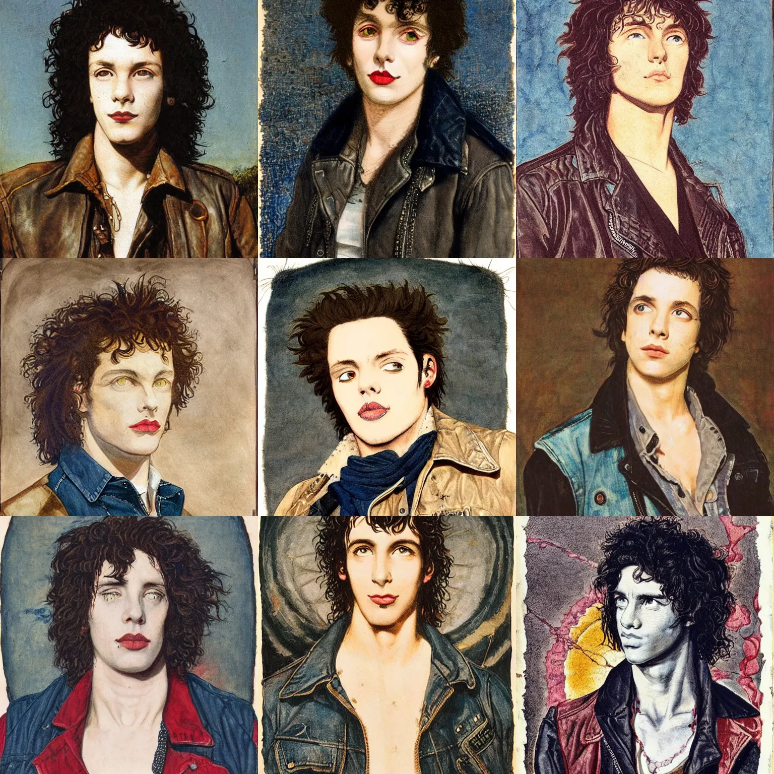 Prompt: Portrait of a pretty punk rock young man with messy long curly dark brown hair and a denim vest over a leather jacket, a single drop of blood dripping down his chin and neck, painted by William Blake Richmond and jeff jordan