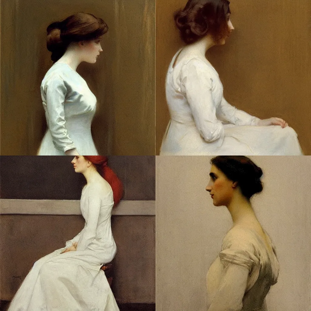 Prompt: girl with long hair, profile, silk dress, by ramon casas