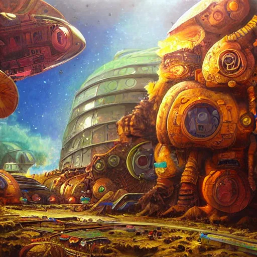 Prompt: spaceport orbiting ancient post - apocalyptic planet, jim henson creature shop, vivid and colorful, thomas kincaid, cinematic, oil painting, highly detailed, illustration