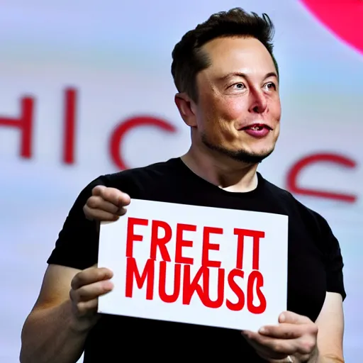 Image similar to Elon Musk holding a sign saying Free Hotdogs, highly detailed, high quality, HD, 4k, 8k, Canon 300mm, professional photographer, 40mp, lifelike, top-rated, award winning, realistic, sharp, no blur, edited, corrected, trending