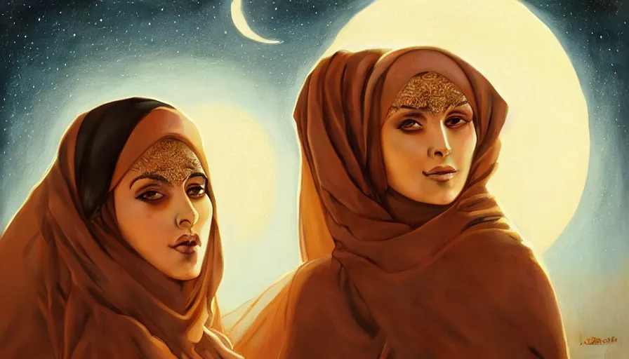 Prompt: Portrait of very beautiful Arab woman wearing a Chador, under giant full moon in the desert, intricate, glowing magical eyes, energy trails, elegant, highly detailed, digital painting, artstation, concept art, smooth, sharp focus, illustration, art by artgerm and greg rutkowski and alphonse mucha