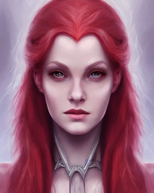 Prompt: a detailed matte oil on canvas head on symmetrical portrait of a distinguished elven woman with red hair on an empty background, by charlie bowater, wlop, trending on artstationhd, dungeons and dragons art, critical role