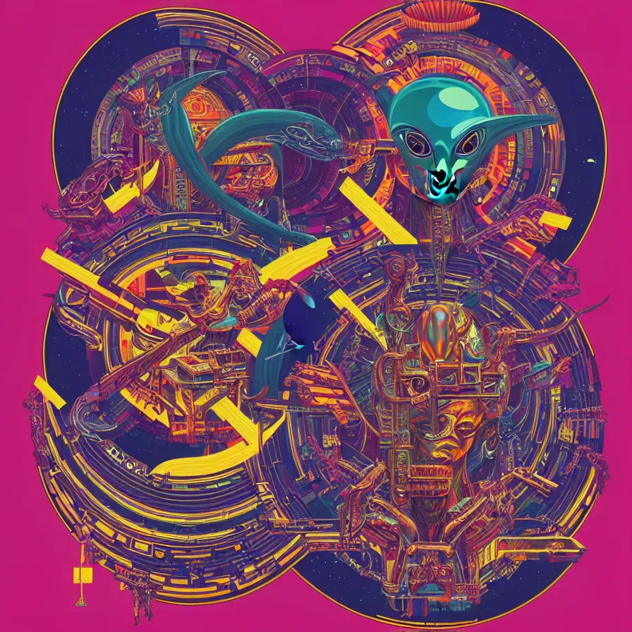 Image similar to album cover design design depicting the alter to the alien machine gods, by jonathan zawada, pi - slices, and tristan eaton, digital art