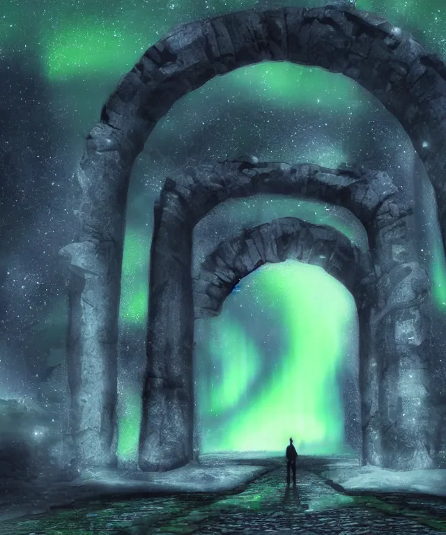 Image similar to portal to another dimension, stone archway, aurora borealis, mysticism, photorealistic, fog