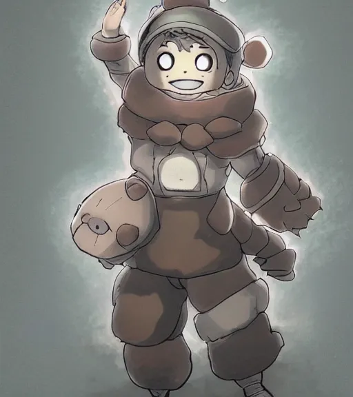 Image similar to attractive little boy wearing an cyborg bear suit, artwork in kentaro miura and made in abyss and inazuma eleven, smooth, beautiful lightness, anatomically correct, trending on pixiv, perfect composition