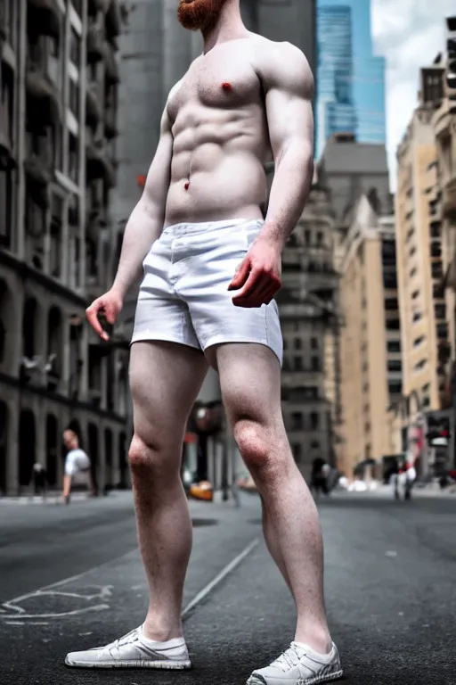 Prompt: muscly very pale man larger than skyscrapers wearing white shorts walks around the city, low angle shot, hairy legs, color photography, highly detailed, award winning photography lots of sunlight, 4 k, highly detailed, trending on artstation