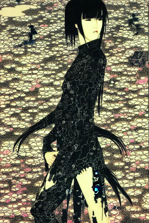 Image similar to japan cyberpunk girl, nice long black leather, detailed acrylic, grunge, intricate complexity, by takato yamamoto and by gediminas pranckevicius, joan mitchell