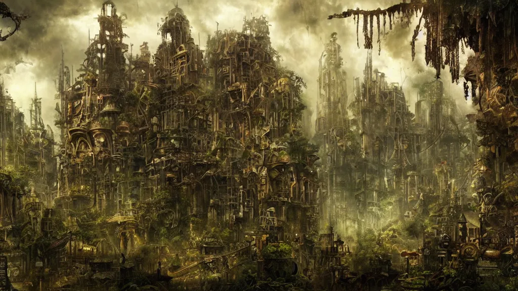 Prompt: the ruined remains of a massive steampunk metropolis deep in the jungle, extravagant matte painting, highly detailed oil painting, 8k, somber melancholic atmosphere, elegant cinematic fantasy art, overwhelming depth and detail, clockwork jungle foliage, deep colors, intricate masterpiece
