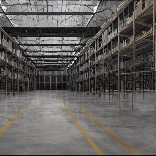 Image similar to government warehouse, matte painting, michael pangrazio