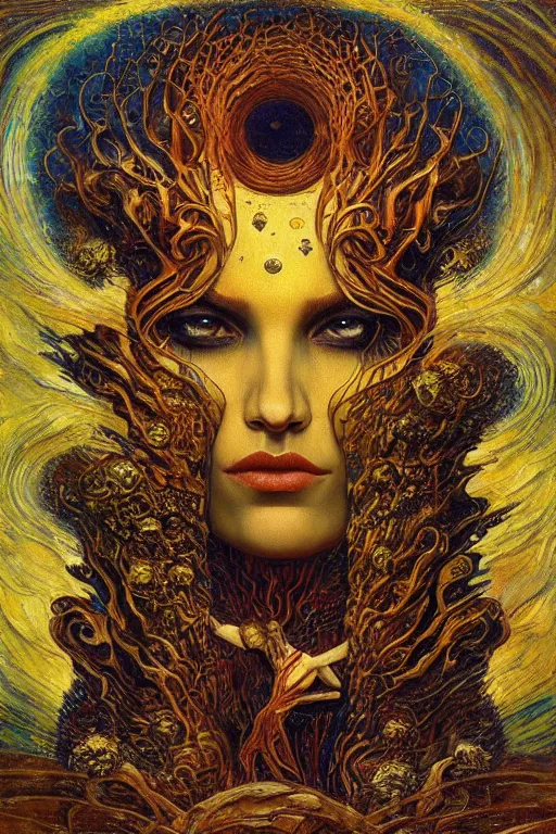 Prompt: Visions of Hell by Karol Bak, Jean Deville, Gustav Klimt, and Vincent Van Gogh, visionary, otherworldly, fractal structures, ornate gilded medieval icon, third eye, spirals