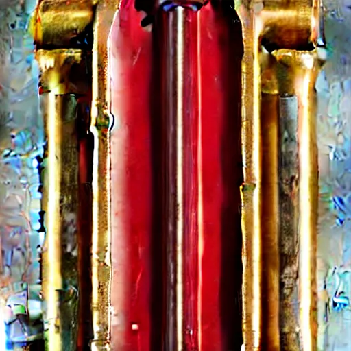 Image similar to a shotgun made from glossy red - painted wood and elements of gold metalwork, full - length photograph