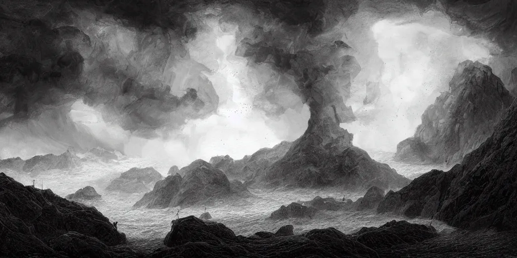 Prompt: in the raging storm, prehistoric landscape with vulcano, drawn by christan delort!!! and jean gireaud, and gustave dore, graphic black and white, hatching, low camera, wide angle, centered composition, golden ratio