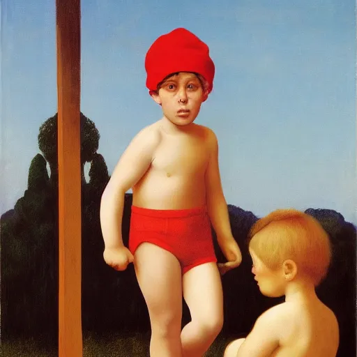 Image similar to a boy wins in the circus by Raphael, Hopper, and Rene Magritte. detailed, romantic, enchanting, trending on artstation.