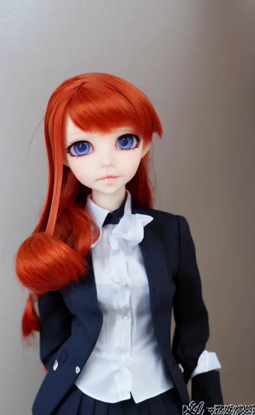 Image similar to dollfie in office suit with skirt, red hair, blue eyes,