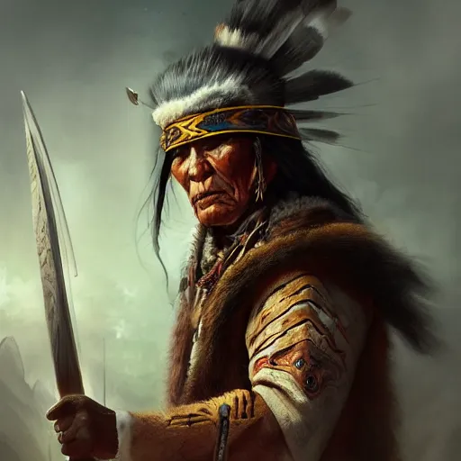 Prompt: a cheyenne warrior who is three hundred years old and realizes death is near, by yuumei, bayard wu, wlop, tim white, ross tran, photorealistic, 4 k