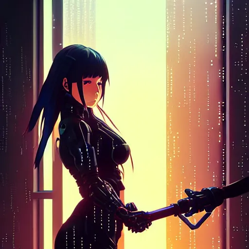 Image similar to cyberpunk anime art, beautiful cyborg girl in the style of arcane holding excalibur, full round face, biomechanical details, full body shot, rain, wet street, window reflections, lens flare, wlop, ilya kuvshinov, artgerm, krenz cushart, greg rutkowski