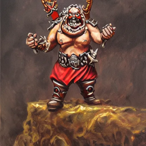 Prompt: chaos dwarf smith from warhammer fantasy : : head and torso oil painting