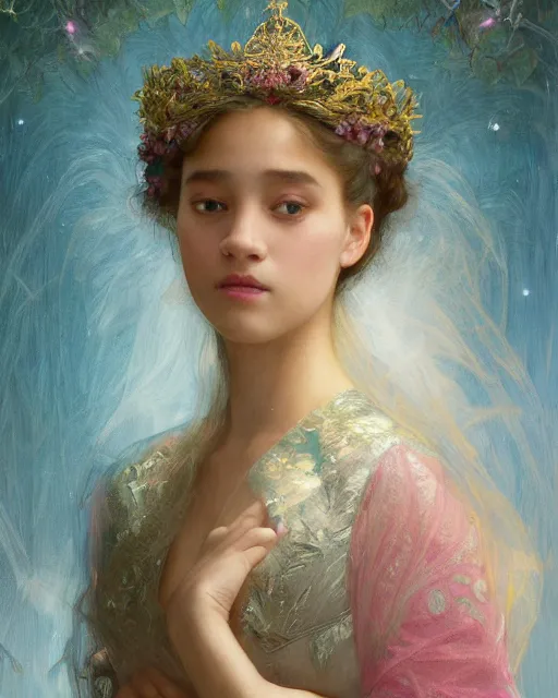 Image similar to a portrait painting of a shy, blushing 1 6 - year old princess resembling alicia vikander in a tiara and an iridescent art nouveau gown watching the lantern festival, intricate, elegant, highly detailed, artstation, concept art, by krenz cushart and artem demura and william adolph bouguereau and alphonse mucha