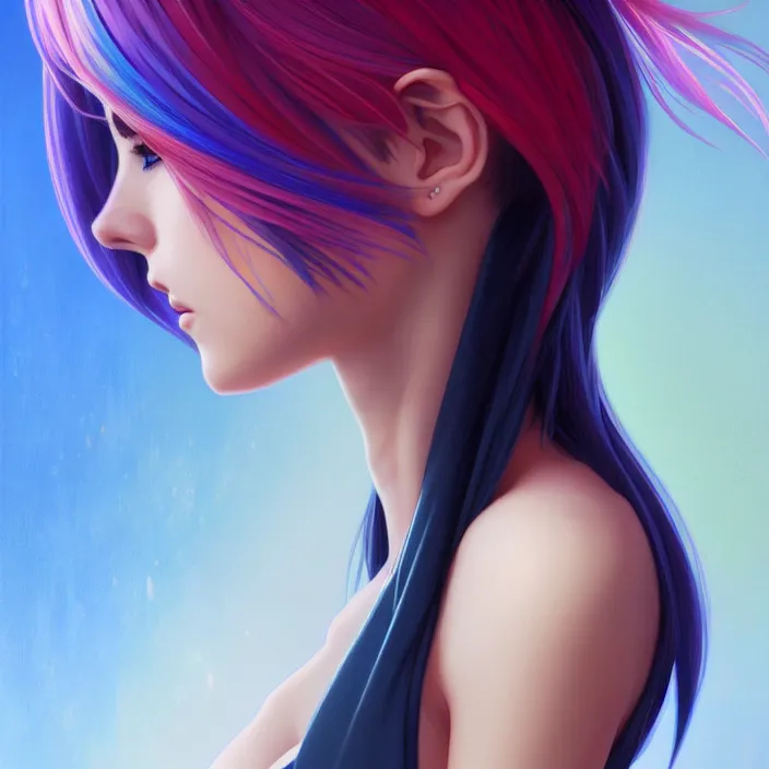 Image similar to full body portrait, a beautiful symmetrical gorgeous anime girl, rainbow hair, attractive, casual, modern, victoria's secret, highly detailed, digital painting, artstation, concept art, smooth, sharp focus, illustration, art by artgerm, greg rutkowski and alphonse mucha, 8 k,