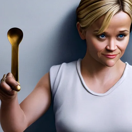 Image similar to hyperrealistic film still of reese witherspoon, holding a metal spoon, stunning 3 d render, inspired by istvan sandorfi & greg rutkowski & unreal engine, perfect symmetry, dim volumetric cinematic lighting, 8 k octane comprehensive render, extremely hyper - detailed, incredibly lifelike attributes, intricate, real flesh texture, masterpiece, artstation, stunning,