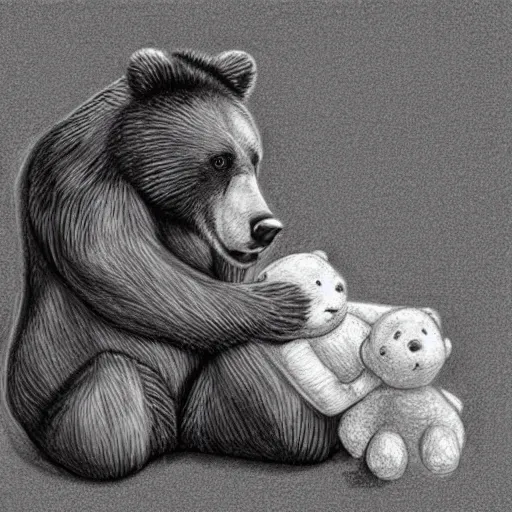 Prompt: drawing of a bear playing with a baby human doll. digital art. high quality. high fidelity.