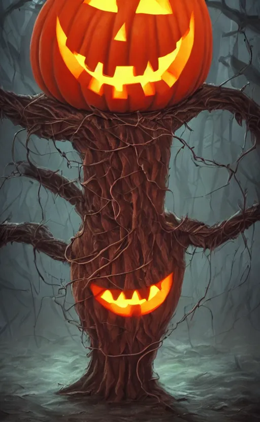 Image similar to fantasy monster concept art, a jack o lantern monster with vines for a body walking down a street of nightmares, dynamic lighting, photorealistic, trending on art station, stunning visuals, creative, cinematic, ultra detailed, atmospherical, ambient lighting, scary art, eery art