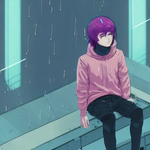 Image similar to android mechanical cyborg anime guy overlooking overcrowded urban dystopia sitting. Pastel pink clouds baby blue sky. Gigantic future city. Raining. Makoto Shinkai. Wide angle. Distant shot. Purple sunset. Sunset ocean reflection. Pink hair. Pink and white hoodie. Cyberpunk. featured on artstation. robotic wired knee. Wearing a sweater.-S 1216826879